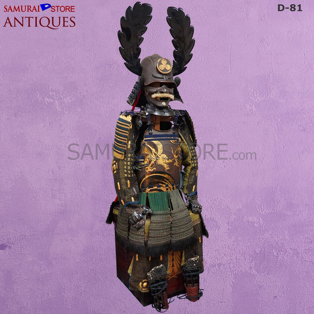 D81 Antique Samurai Armor Dragon Makie & Great horns w/ Certificate - Image 4